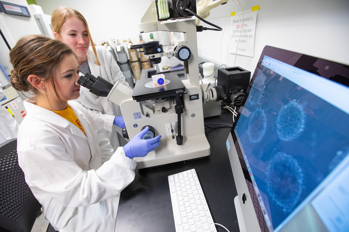 Student looking through a microscope